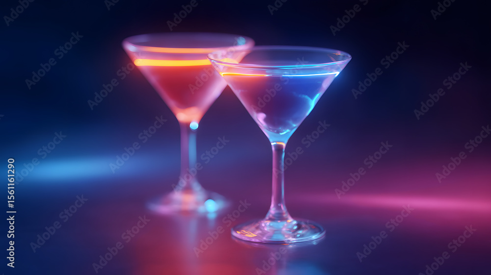 Neon cocktail party: two elegant cocktail glasses, filled with enticing drinks, glowing with vibrant neon light and placed against an atmospheric backdrop. Neon cocktail party: two elegant cocktail glasses, filled with enticing drinks, glowing with vibrant neon light and placed against an atmospheric backdrop.