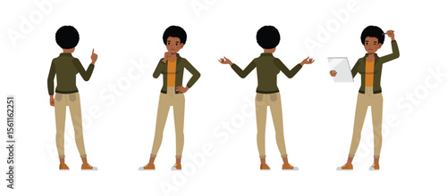 Businesswoman with afro hairstyle wearing green jacket character vector illustration design set. Woman working in office. Presentation in various action.