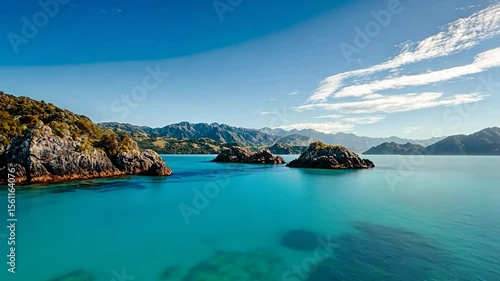 Scenic turquoise ocean view with rocky islands and lush green mountain range under a bright blue sky featuring some clouds