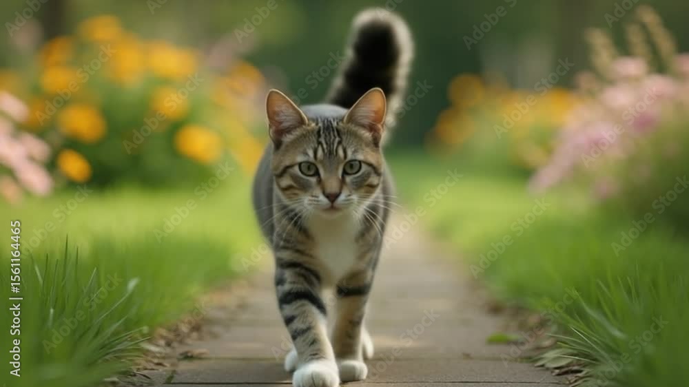 Cat walking on grass at sunset Cat walking on grass at sunset