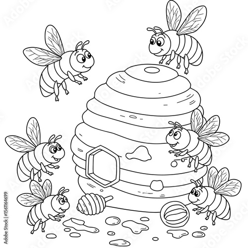 Six cheerful bees buzz around a honey-dripping hive with a honey dipper and spills on the ground in a playful cartoon style.