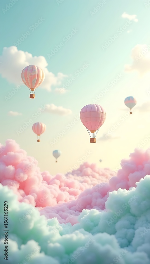 Obraz premium A fantasy landscape of fluffy candy floss hills in soft pastel shades, gently rolling beneath a glowing sky, with tiny air balloons floating in the distance. Surreal, dreamlike environment.
