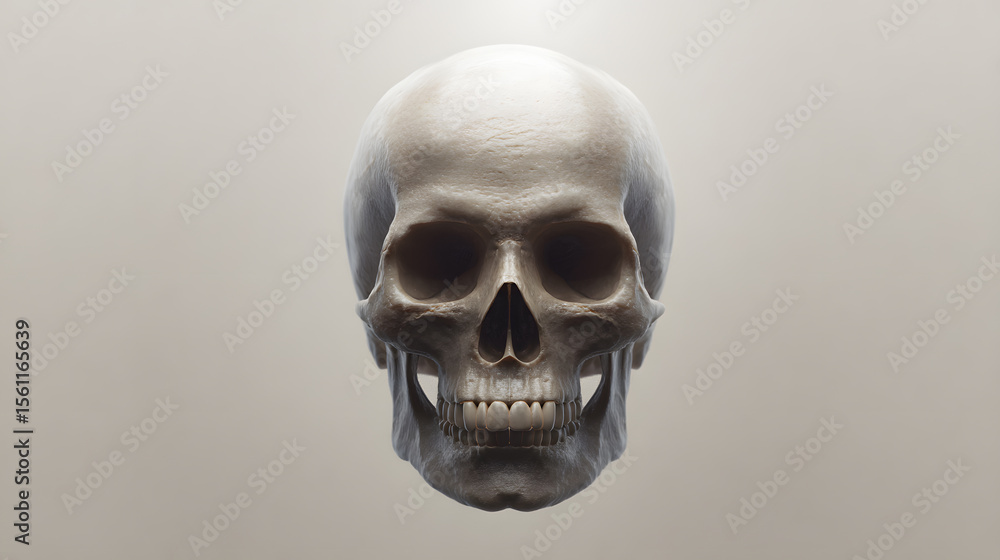 Fototapeta premium Memento Mori: A close-up, photorealistic studio shot of a human skull, rendered in grayscale, evoking themes of mortality and the passage of time.