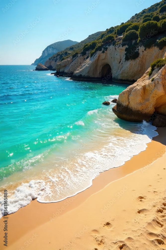 Sun-drenched golden sand meets crystal-clear turquoise water on a secluded Costa Brava beach Perfect for summer vacation dreams and idyllic getaway imagery , nature, peaceful, calm Sun-drenched golden sand meets crystal-clear turquoise water on a secluded Costa Brava beach Perfect for summer vacation dreams and idyllic getaway imagery , nature, peaceful, calm
