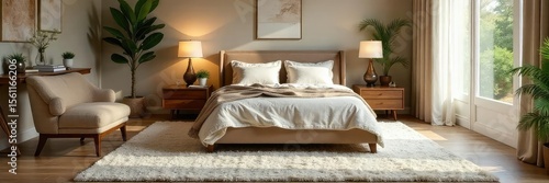 Luxurious, plush rug adds warmth and texture to a serene master bedroom Perfect for enhancing comfort and style Ideal for sophisticated home decor , rug, bedroom, floor covering