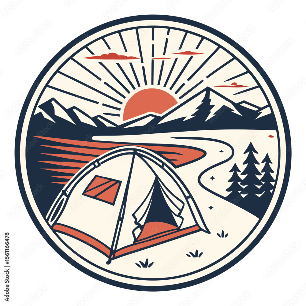 Circular emblem featuring a campsite with a tent by a river at sunrise Circular emblem featuring a campsite with a tent by a river at sunrise
