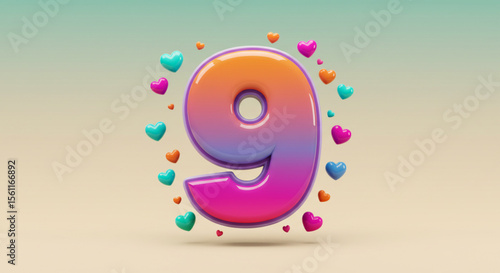 Vibrant 3D number nine surrounded by a festive spray of colorful hearts. Glossy digit for birthday, anniversary, or a special date celebration.