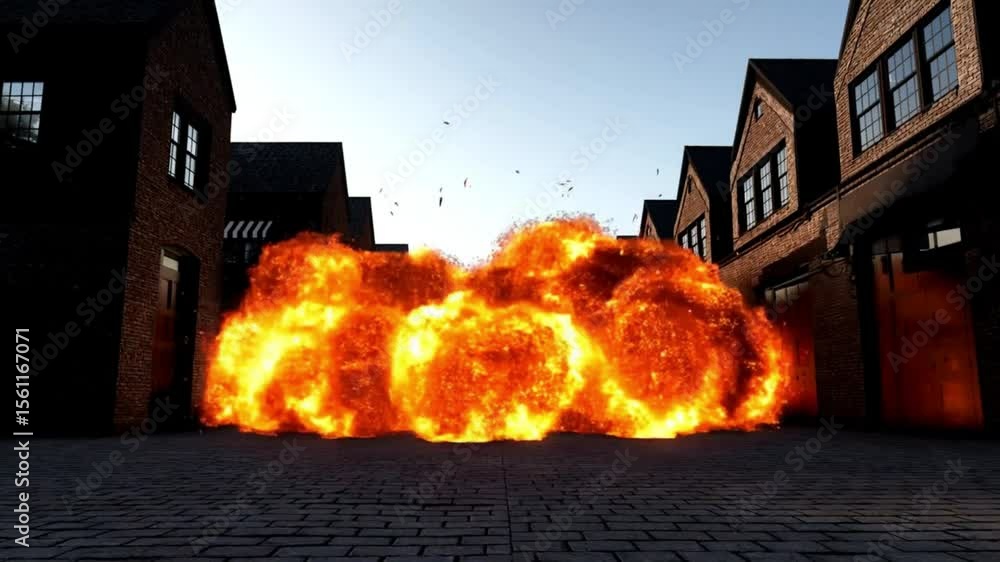 dark gloomy city alley with brick buildings and autumn leaves powerful explosion in urban alleyway