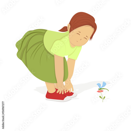 Vector illustration of a red-haired girl in a light green dress and red shoes, bending to admire a dragonfly on a flower. Ideal for children, nature, or curiosity stock imagery.