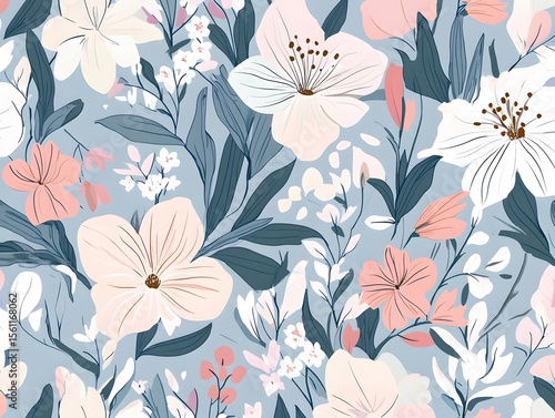 A seamless floral design features vibrant spring colors, ideal for fabric or decorative wrapping paper.