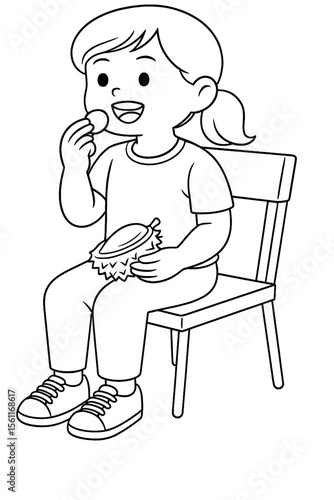 Happy little girl sitting on a chair happily eating a rambutan fruit, a delicious tropical treat, in a simple line drawing illustration style.