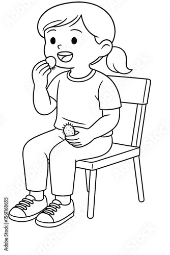 Happy little girl sitting on a chair eating a strawberry happily in a simple line drawing style, perfect for children's books, educational materials, or websites.