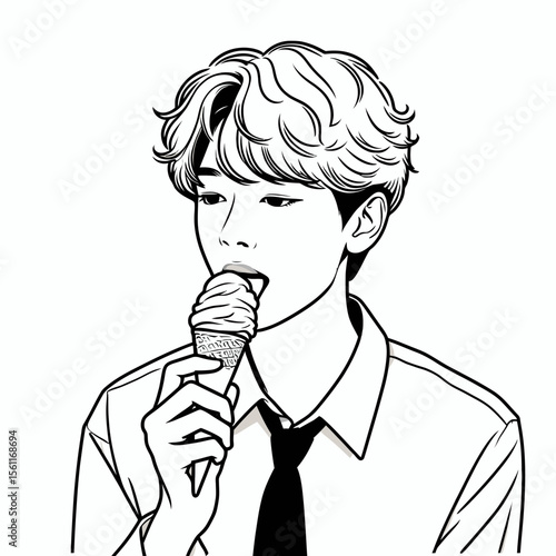 Happy boy sitting on a wooden chair and eating a peeled banana happily in a simple line drawing style. This illustration is perfect for children's books, educational materials, and 