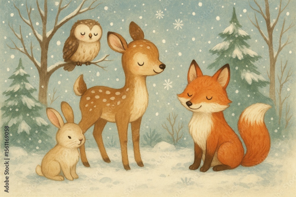 Naklejka premium Whimsical Winter Wildlife, Fox, Deer, Snow, Winter, Animals, Holiday, Snow, Wildlife, Bunny