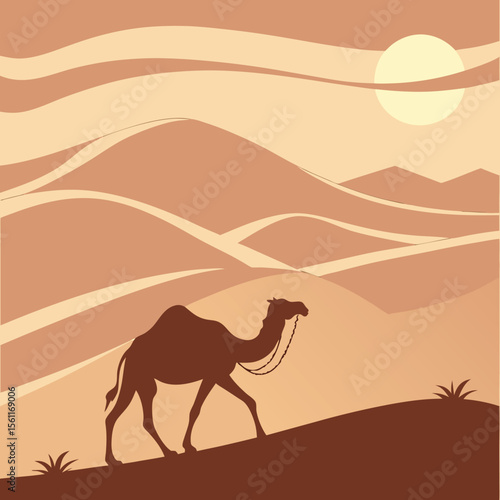 Camel Caravan Silhouette in Desert at Night with Full Moon
