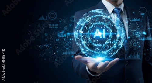 AI. Businessman holding artificial intelligence solutions to automate processes. Leveraging AI to enhance decision-making and drive innovation across industries