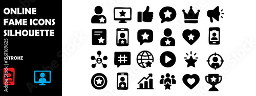 Online Fame Icons Silhouette Vector Set – Influencer Lifestyle, Digital Stardom and Internet Recognition Symbols