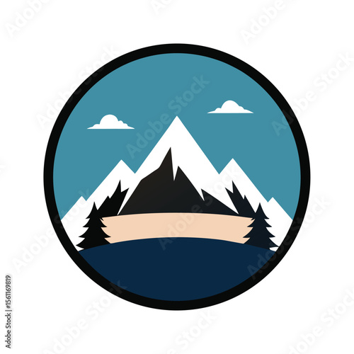 Round badge with mountain silhouette and motivational travel quote design  