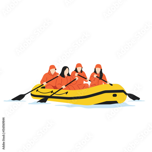 vector of rafting team sailing through river rapids with their rafts cutting through the water. Suitable for adventure travel brochures or websites