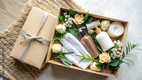 Luxurious spa gift box with beauty products flowers and soft towel