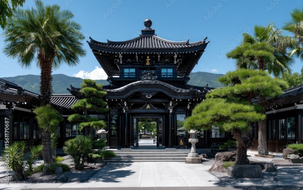 Fototapeta premium Asian temple facade under blue sky