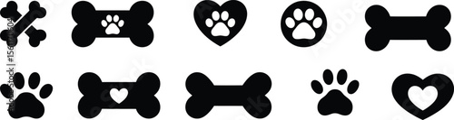 Silhouette vector graphic collection of paw bone love shaped icons for pet monogram and animal care identity