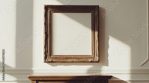 Ornate picture frame hanging on a white wall with sunlight and a wooden cabinet below it in a room