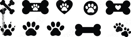 Silhouette vector icon set of paw and bone shapes with different playful and loving elements in bold black design