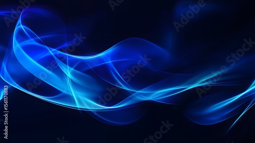 Abstract glowing waves in neon blue on dark background, smooth curves and light trails.