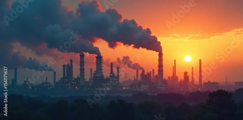 Thick, dark smog hangs heavy over an industrial oil refinery complex at sunset, highlighting the environmental impact of oil production and pollution , environment, oil tank