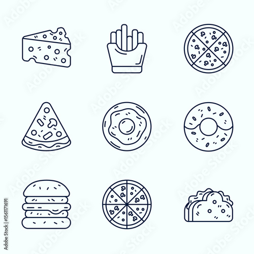 A playful Outline icon illustration of popular snacks and fast food including pizza, fries, cheese, egg, burger, donut, and taco. Bright colors and clean lines make it perfect for food delivery apps