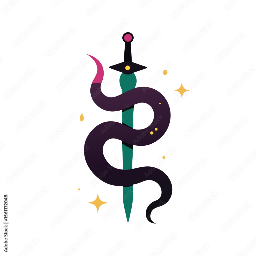 Obraz premium Snake and sword entwined design in magical dark fantasy vector artwork 