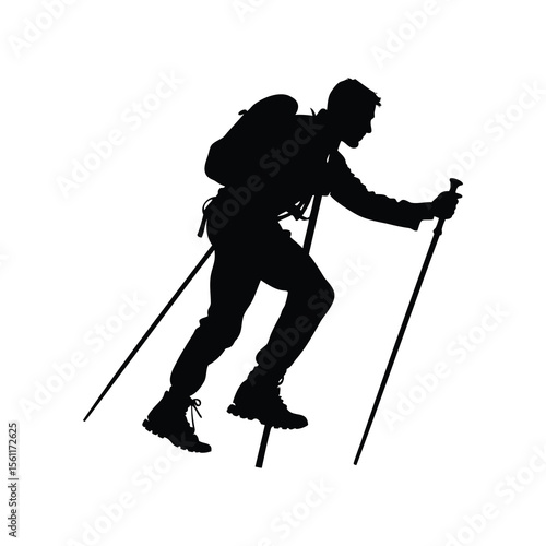 A silhouette of a hiker using trekking poles to climb a mountain