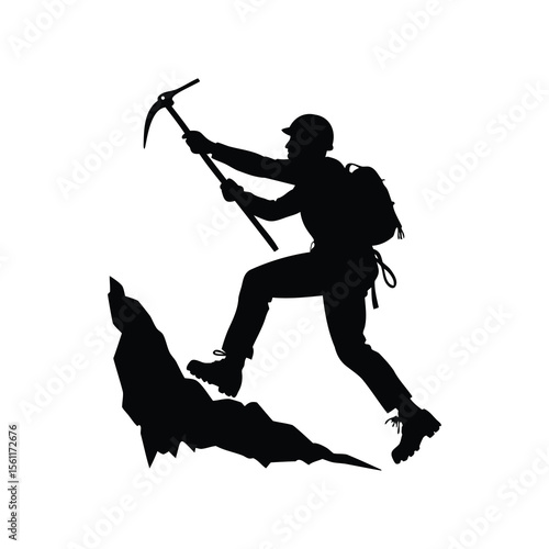 Silhouette of a determined mountaineer ascending a rocky cliff with ice axe