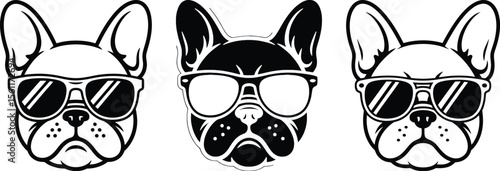 Silhouette vector artwork of black french bulldog faces in sunglasses showing attitude in iconic graphic style