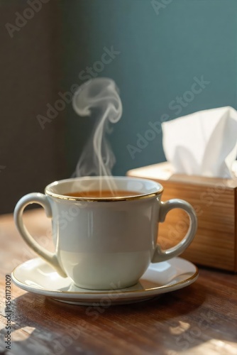 Close-up of a steaming mug of tea beside a tissue box, suggesting a remedy for a winter cough Perfect for blogs, websites, or articles about seasonal illnesses and home remedies , health, congestion