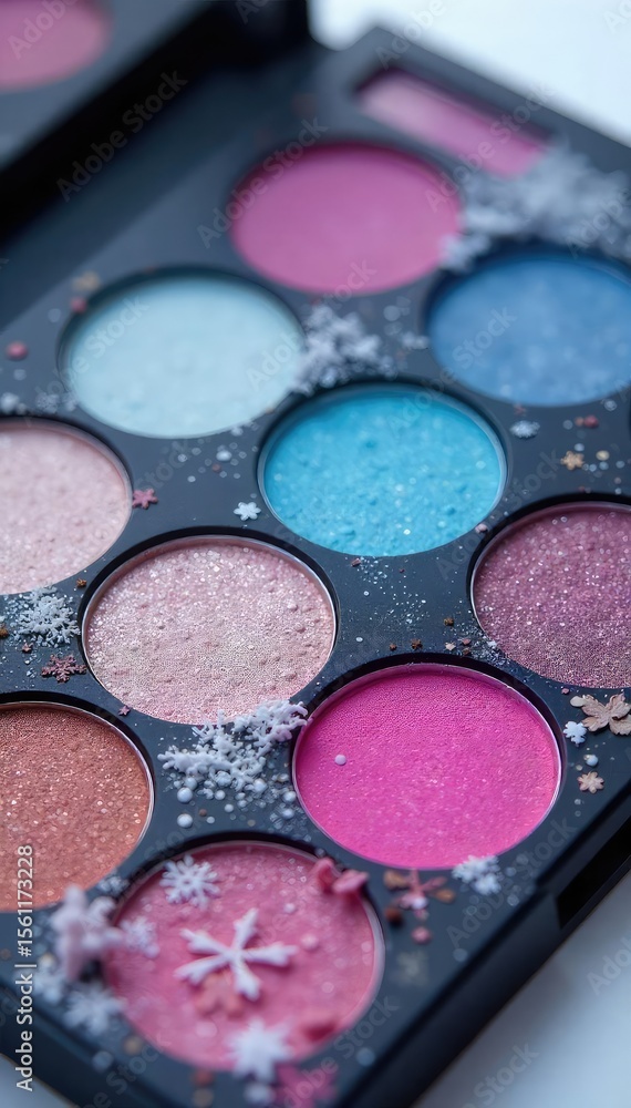 Close-up of a winter-themed makeup palette featuring frosty eyeshadows, shimmering highlighters, and berry-toned lipsticks, perfect for January's cool tones , frosty makeup, january Close-up of a winter-themed makeup palette featuring frosty eyeshadows, shimmering highlighters, and berry-toned lipsticks, perfect for January's cool tones , frosty makeup, january