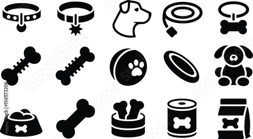 Silhouette vector objects of pet supplies including collar, toy, treat, frisbee and dog elements