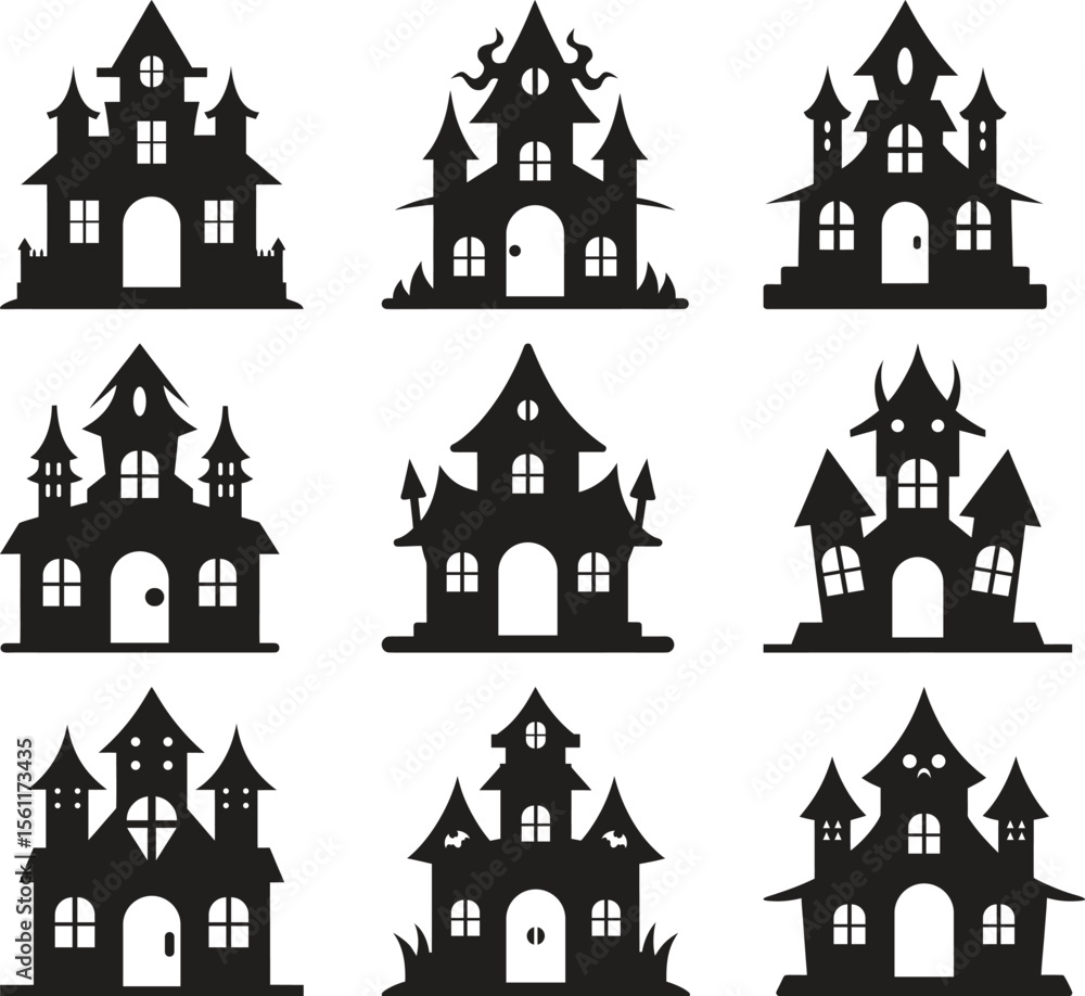 Fototapeta premium Set of Spooky Black Silhouette Haunted Houses