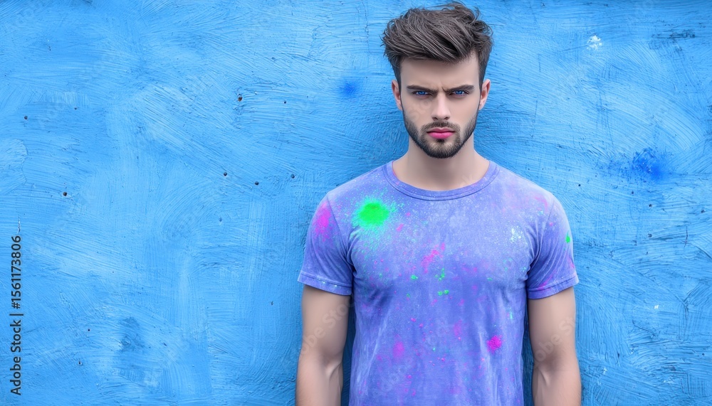 Obraz premium Man in vibrant shirt against a blue wall