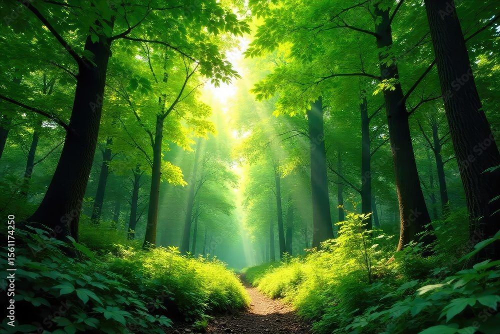 Fototapeta premium Lush green forest canopy, dappled sunlight filtering through leaves, vibrant foliage, tranquil nature scene Perfect for environmental, nature, and travel themes , ecology, calm, plants