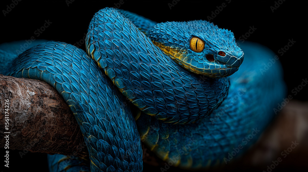 Fototapeta premium Close-Up of Blue Viper Snake on Tree Branch