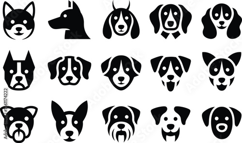 Silhouette vector collection of dog breed heads in bold icon set with multiple styles of cuteness and expression