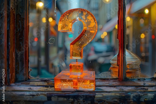 Fototapeta Naklejka Na Ścianę i Meble -  Intriguing orange question mark stands on a small base, visible through an old, peeling window. Mysterious atmosphere evokes curiosity in a daytime city street setting.