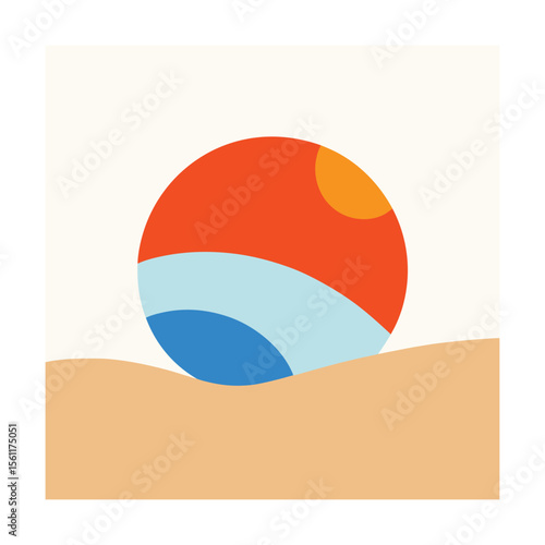 Beach ball bouncing on sand with warm orange sunset sky illustration  