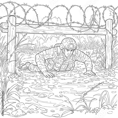 A soldier in combat gear crawls through a muddy field beneath barbed wire during a challenging outdoor training drill.