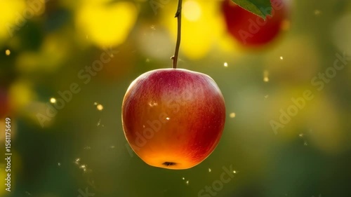 Close-up of ripe apple on tree branch, vibrant colors and bokeh background, nature footage