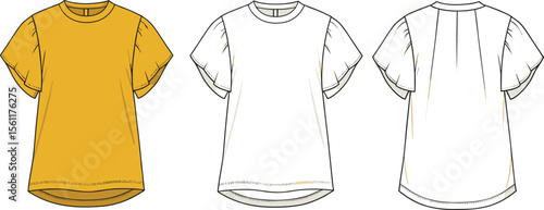 Flat sketch of yellow short sleeve top, front and back view, round neck blouse, flutter sleeve design, vector fashion template flat vector illustration