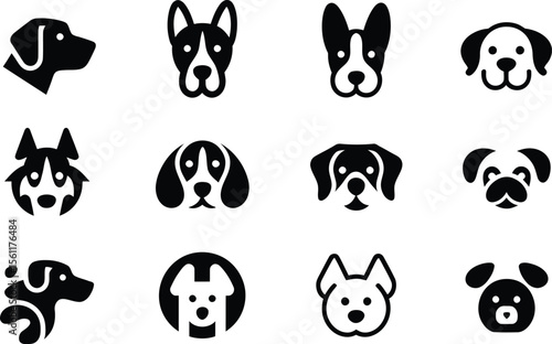 Silhouette vector flat icon collection of dog mascots in bold black and white style with various breed head types