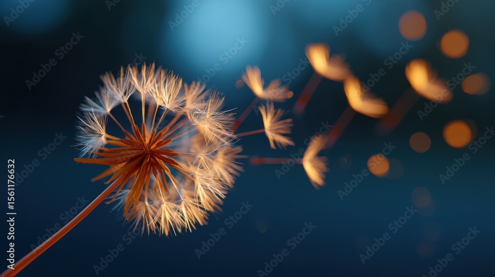 Obraz premium Artistic Capture of Dandelion Seeds Drifting Gracefully in Midair